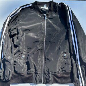 Charlotte Russe Black Bomber Jacket – White Stripe Sleeves, Size Large